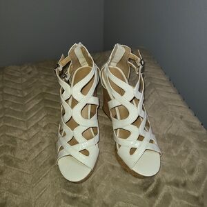 Report White Strappy Wedge Sandals